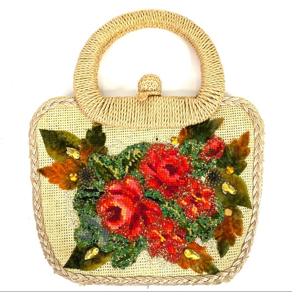 Vintage Handbags - Vintage Wicker Straw Embroidered Bag Woven Floral